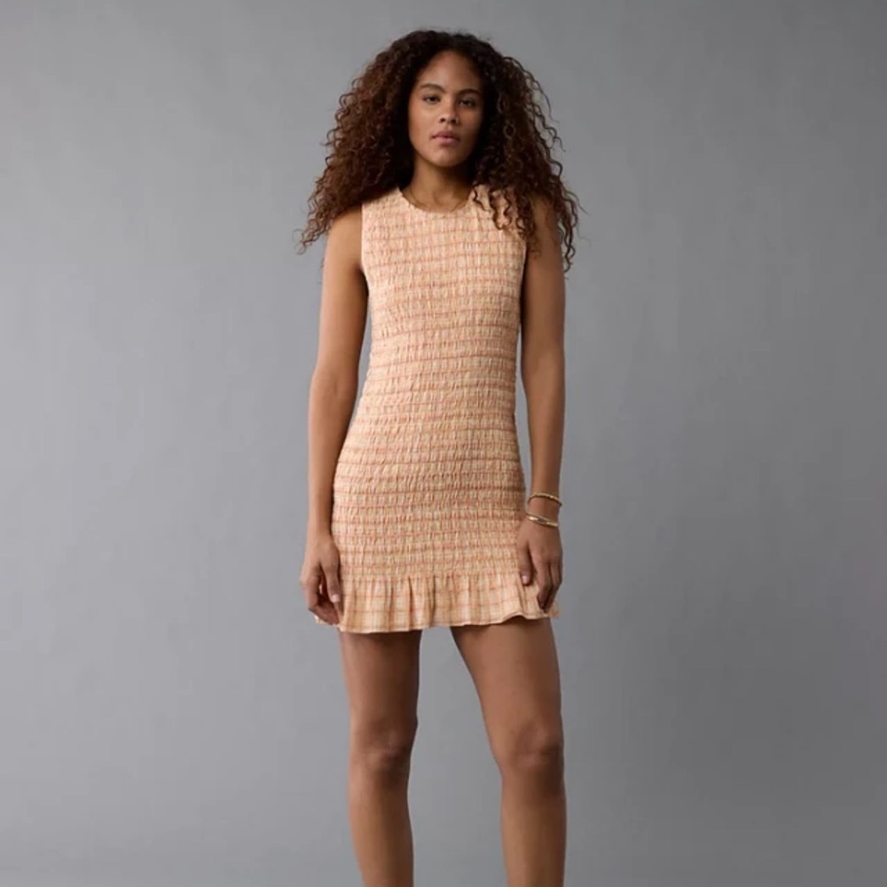AE American Eagle Women Plaid Gingham Smocked Bodycon Ruffle Hem Mini Dress